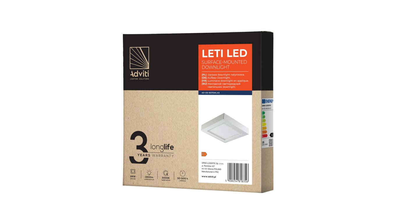

LETI LED 24W, oprawa downlight, natynkowa, kwadratowa, 1900lm, 4000K, biała, wbudowany zasilacz LED,AD-OD-6075WLX4