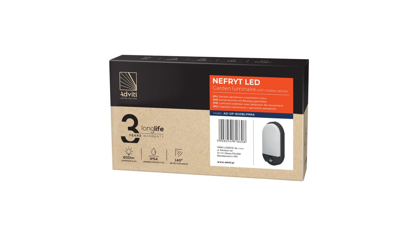 

NEFRYT LED 10W, oprawa ogrodowa z czujnikiem ruchu, 800lm, IP54, 4000K, czarna,AD-OP-6110BLPMR4