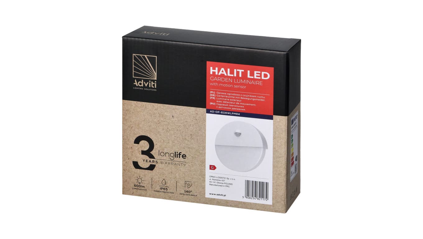 

HALIT LED 10W, oprawa ogrodowa z czujnikiem ruchu 140st, 600lm, IP65, 4000K, IK10, biała,AD-OP-6116WLPMR4