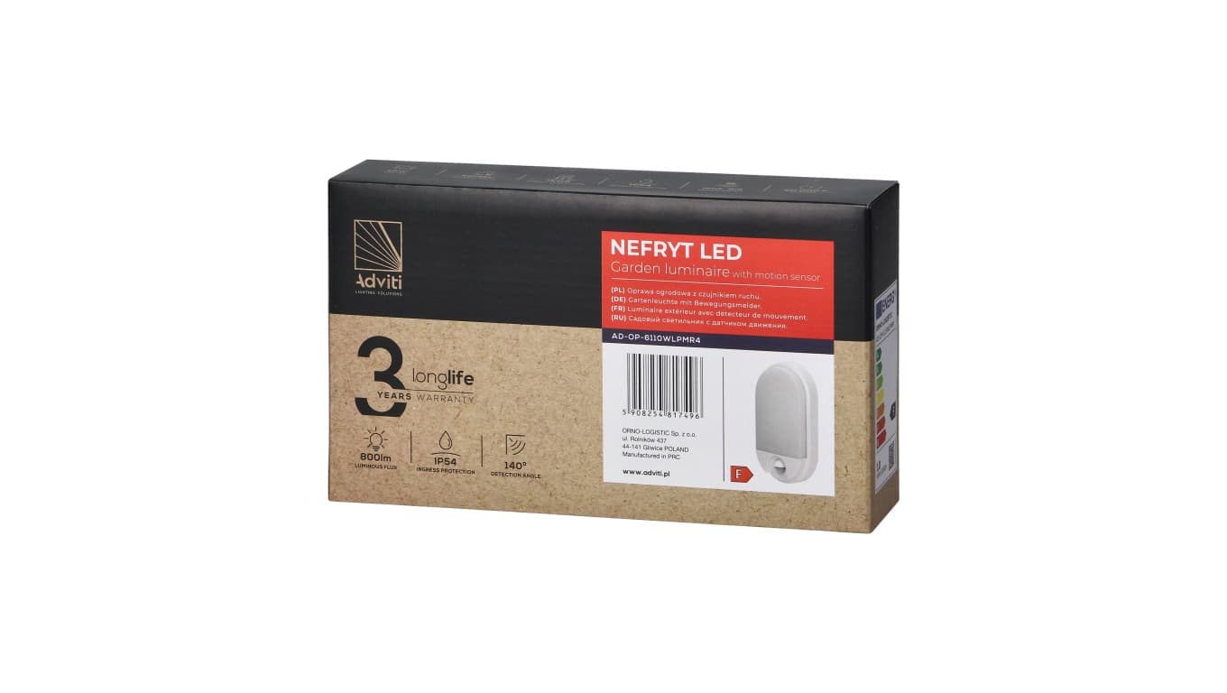 

NEFRYT LED 10W, oprawa ogrodowa z czujnikiem ruchu 140st, 800lm, IP54, 4000K, biała,AD-OP-6110WLPMR4