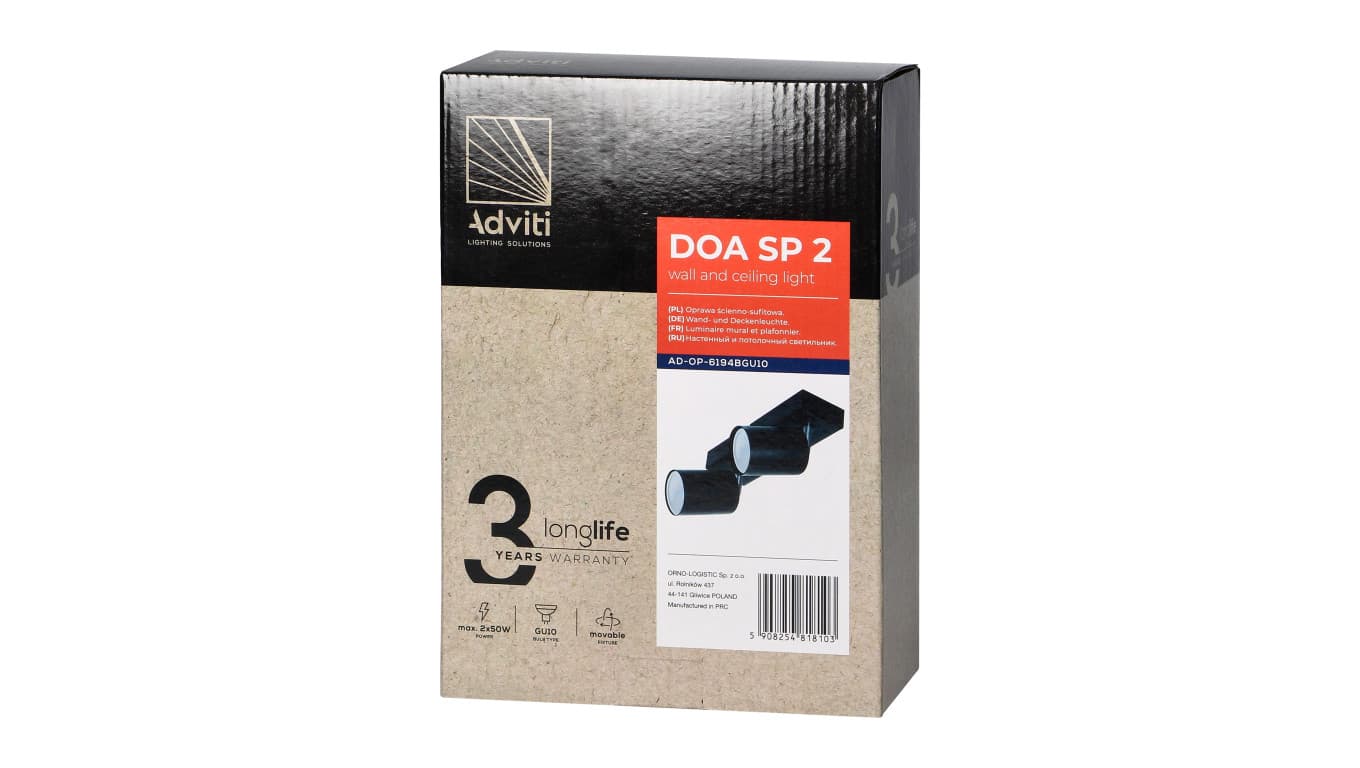 

DOA SP 2, oprawa ścienno-sufitowa, GU10 max. 2x50W, IP20, czarna,AD-OP-6194BGU10