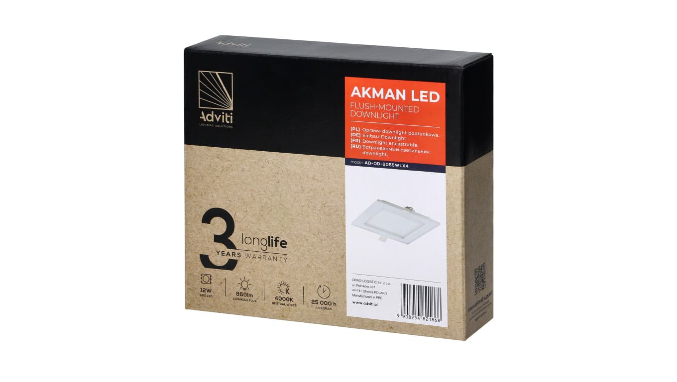 

AKMAN LED 12W, oprawa downlight, podtynkowa, kwadratowa, 860lm, 4000K, biała, wbudowany zasilacz LED,AD-OD-6055WLX4