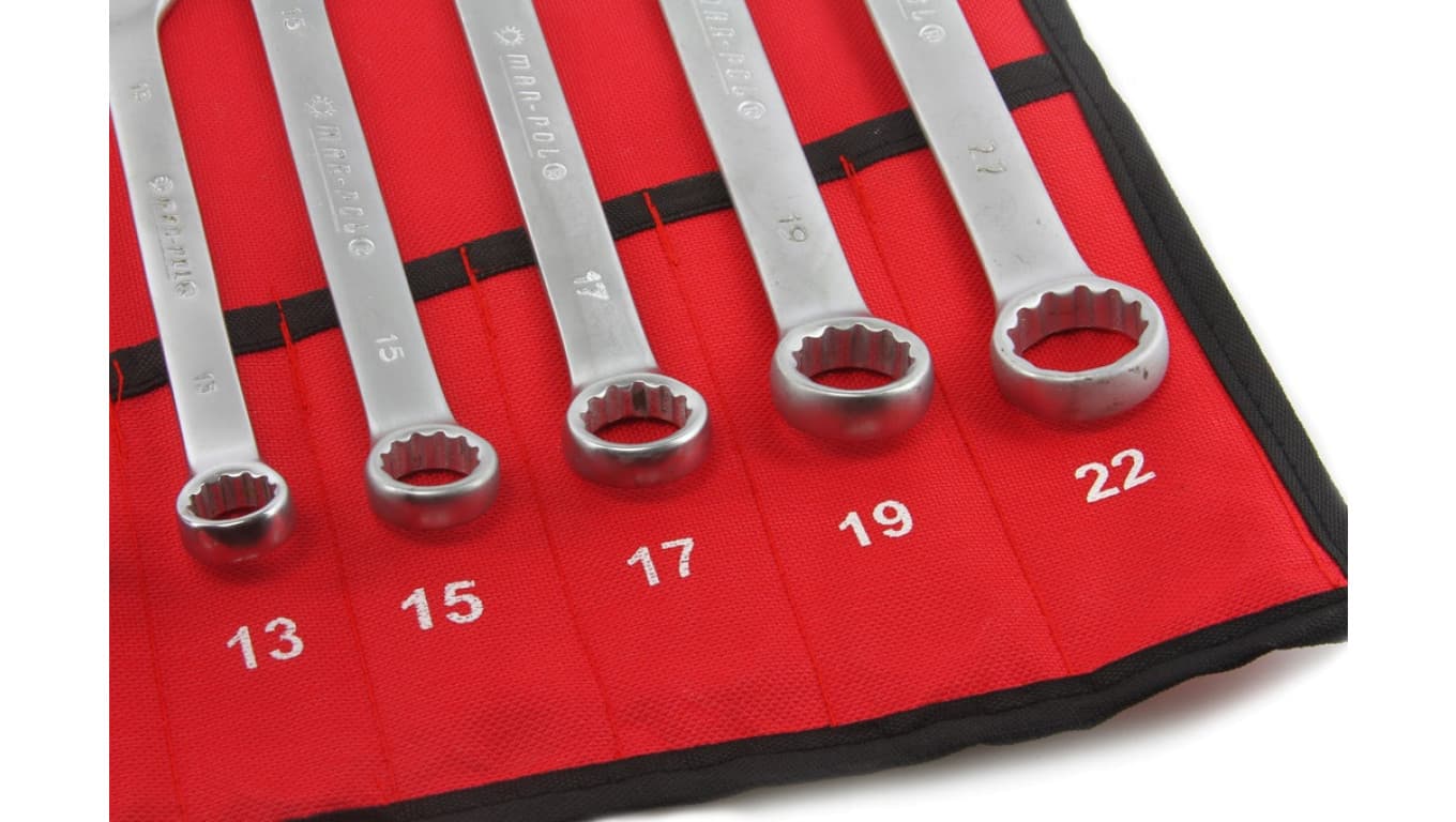 

Klucze płasko-oczkowe 6-22mm komplet 12 sztuk czerwony pokrowiec MAR-POL