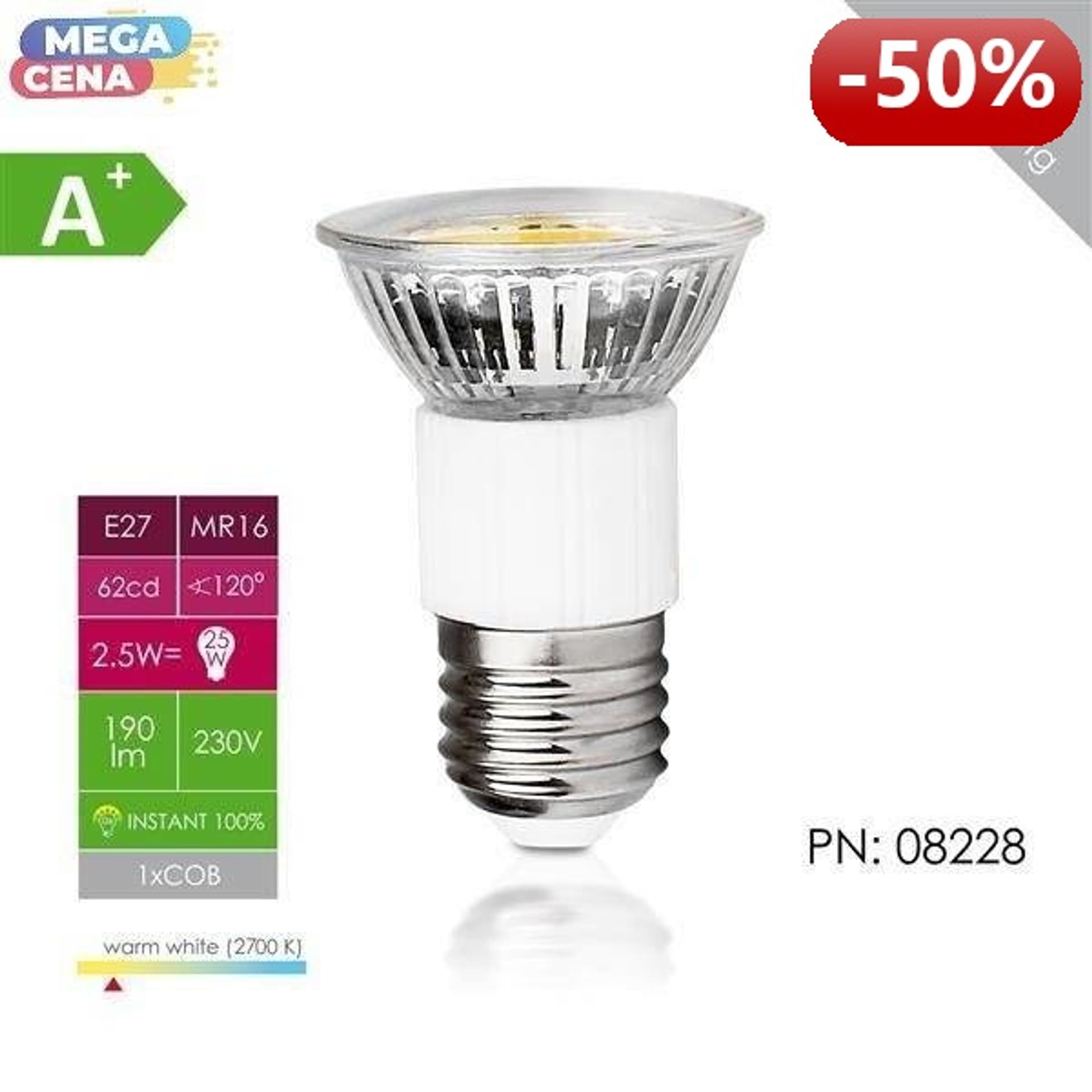 

Whitenergy Żarówka LED 2.5W E27 MR16 COB ciepła 230V Halogen / szybka