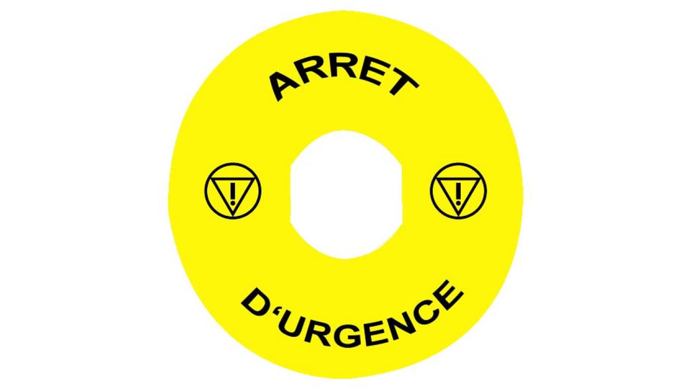 

Etykieta oznacznikowa O 90 do przyc. awar. zatrzym. ARRET DURGENCE/logo ISO13850 ZBY8130
