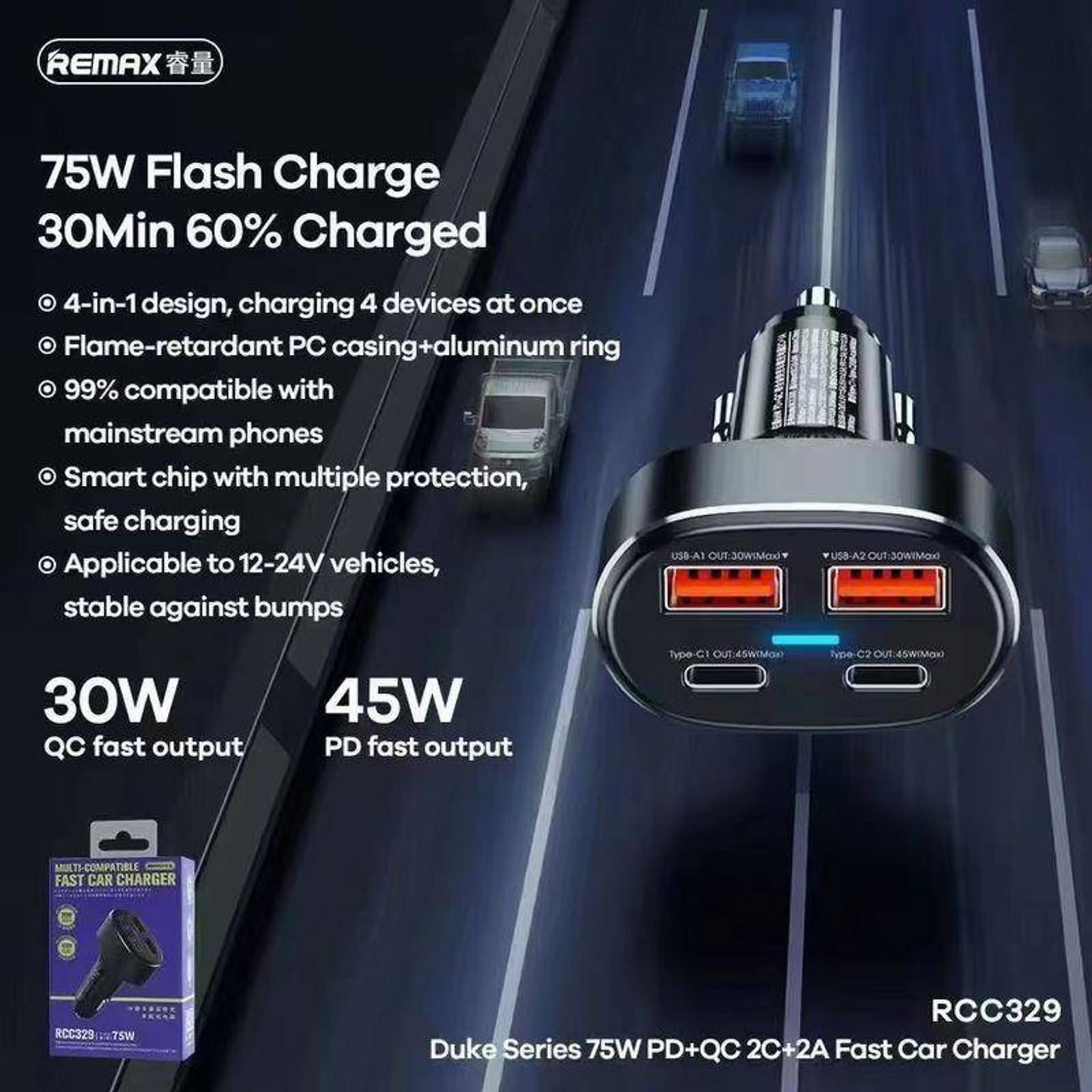 

ŁAD SAM REMAX DUKE 75W PD+QC 2C+2A RCC 329 FAST CHARGER