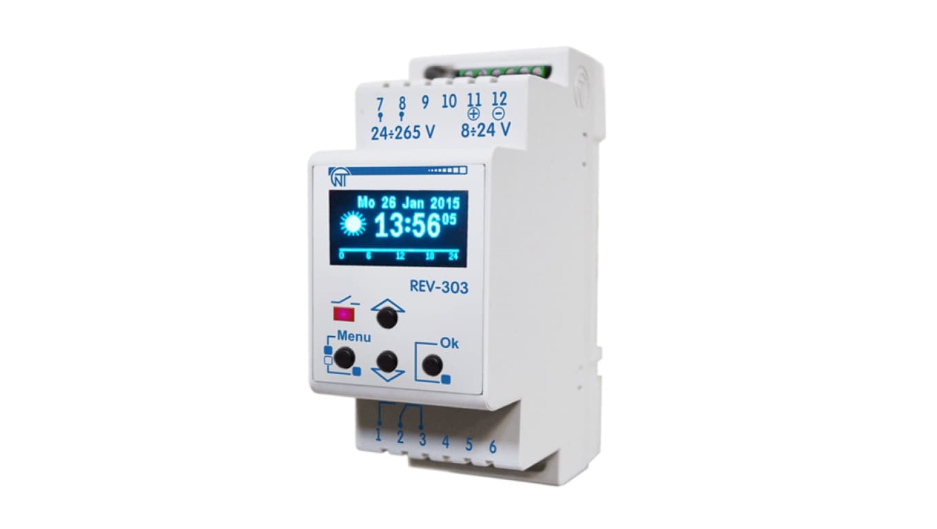 

Zegar astronomiczny cyfrowy jednokanałowy zakres zliczania 1 rok 24-265V AC 8-24V DC REV-303