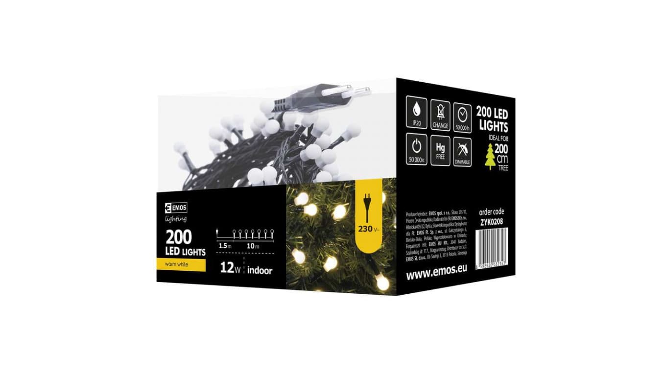 

Lampki choinkowe kulki XMAS ZYK 12W 200LED 10m IP20 ciepły biały D5GW03