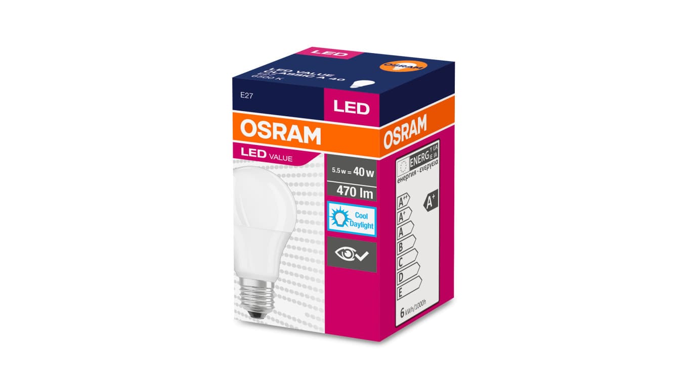 

PS ŻAR.LED VALUE OSRAM GLS E-27 5,5W 6500K 470lm 330* (1LM)