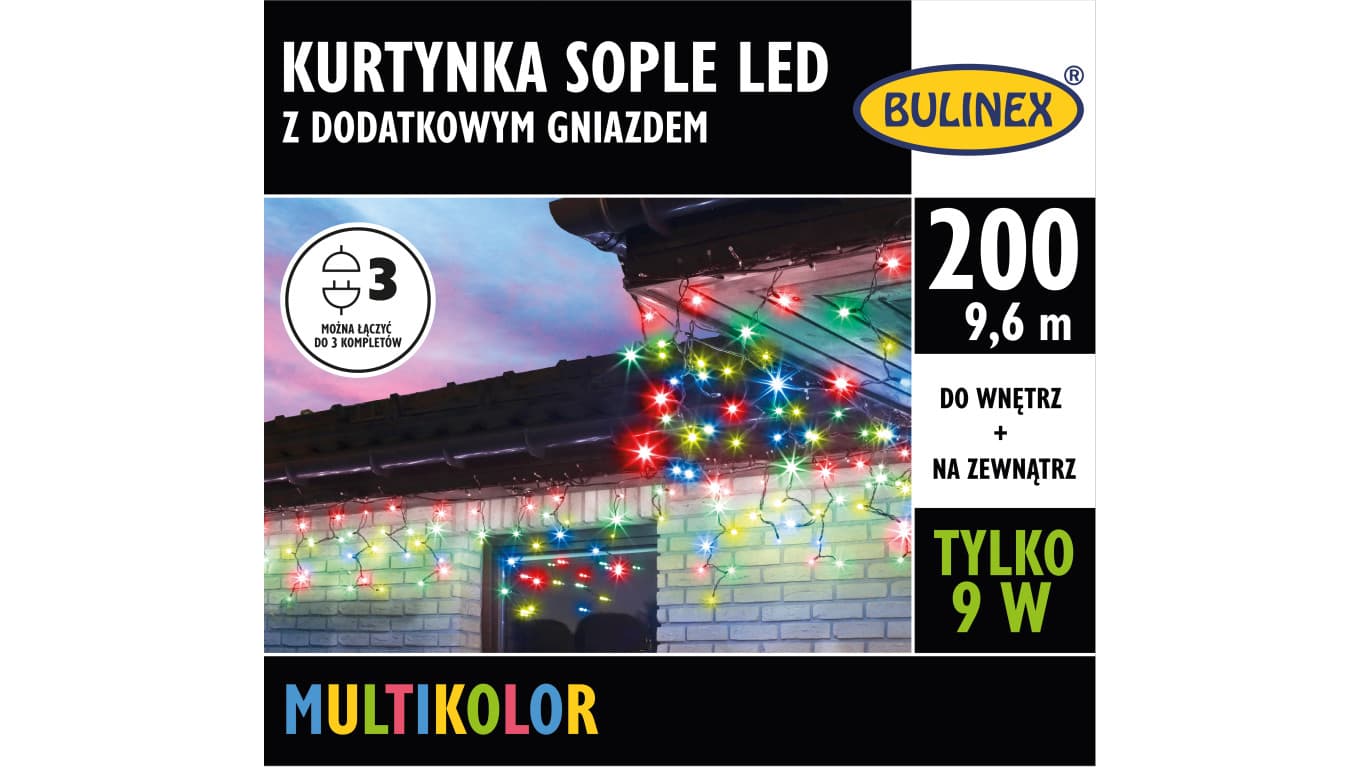 

Kurtyna świetlna zewnętrzna 200l kurtyna sople z dod.gniazdem 10m dekoracji+5 m przewodu zasilającego 13-571