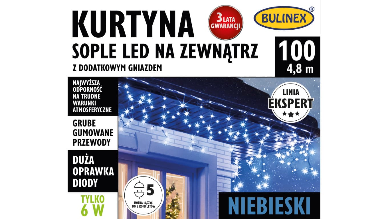 

Kurtyna świetlna zewnętrzna 100l kurtyna sople z dod.gniazdem 5m dekoracji+1,5m przewodu zasilającego 75-656