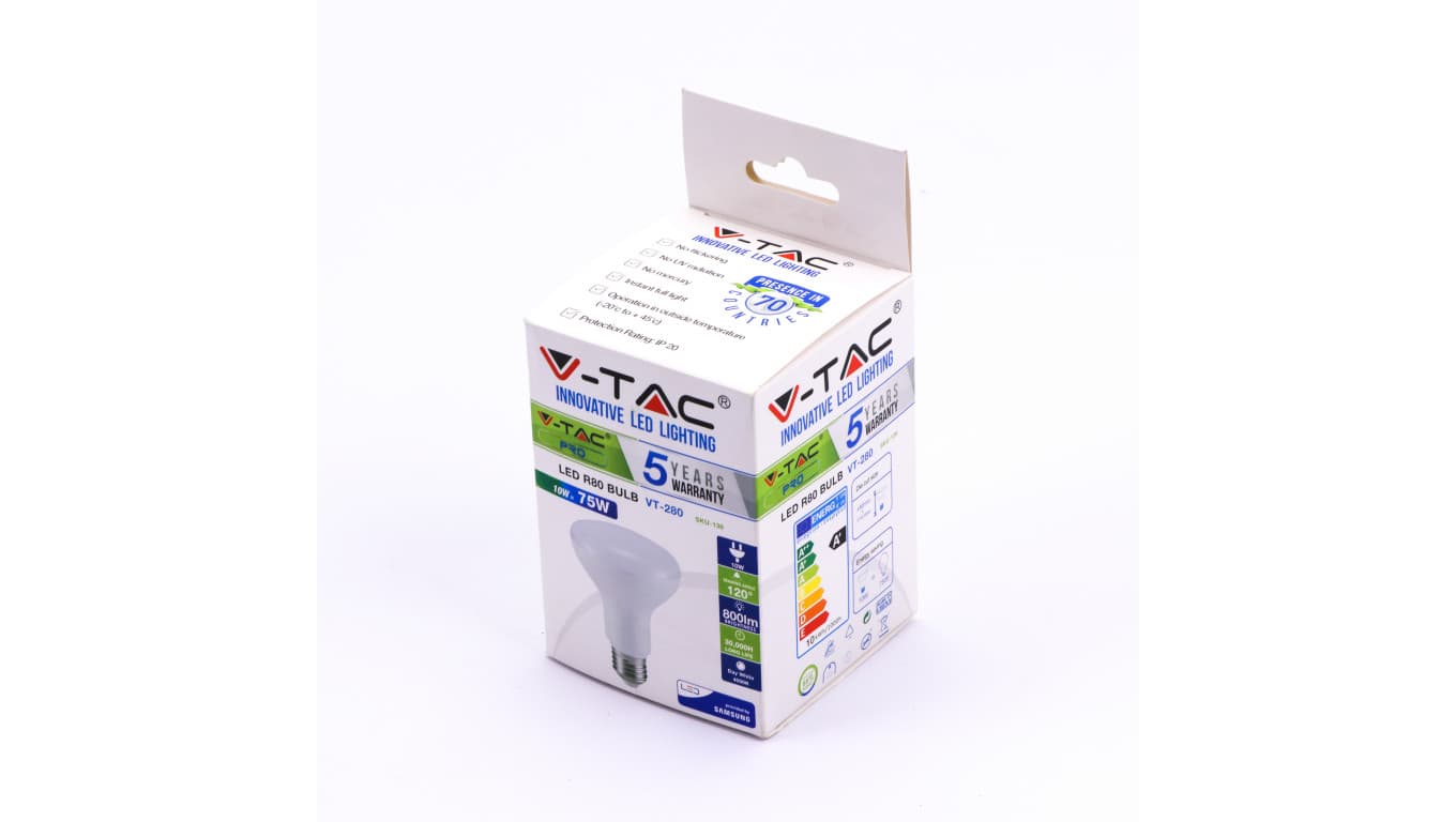 

Żarówka LED VT-280 SAMSUNG CHIP 10W E27 R80 4000K 800lm A+ 120st. 136