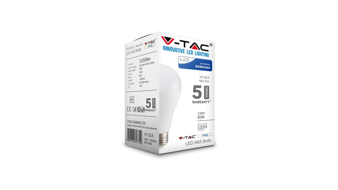 

Żarówka LED VT-215 SAMSUNG CHIP 15W E27 A65 6400K 1250lm A+ 200st. 161