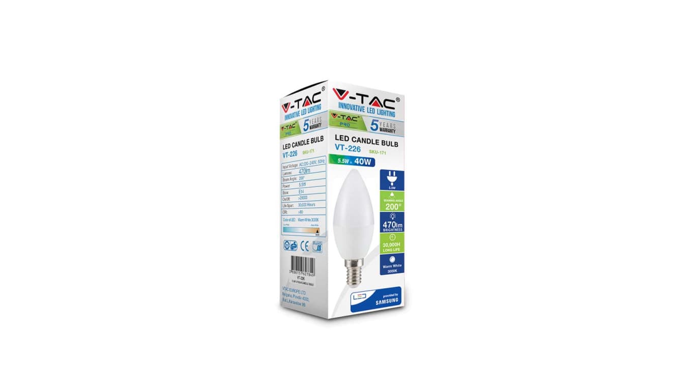 

Żarówka LED VT-226 SAMSUNG CHIP 5.5W E14 C37 3000K 470lm A+ 200st. 171