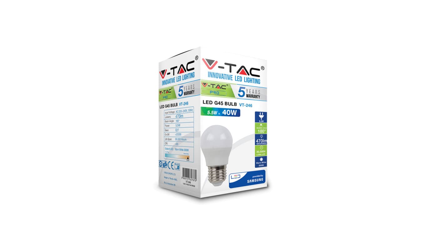 

Żarówka LED VT-246 SAMSUNG CHIP 5.5W E27 G45 6400K 470lm A+ 180st. 176