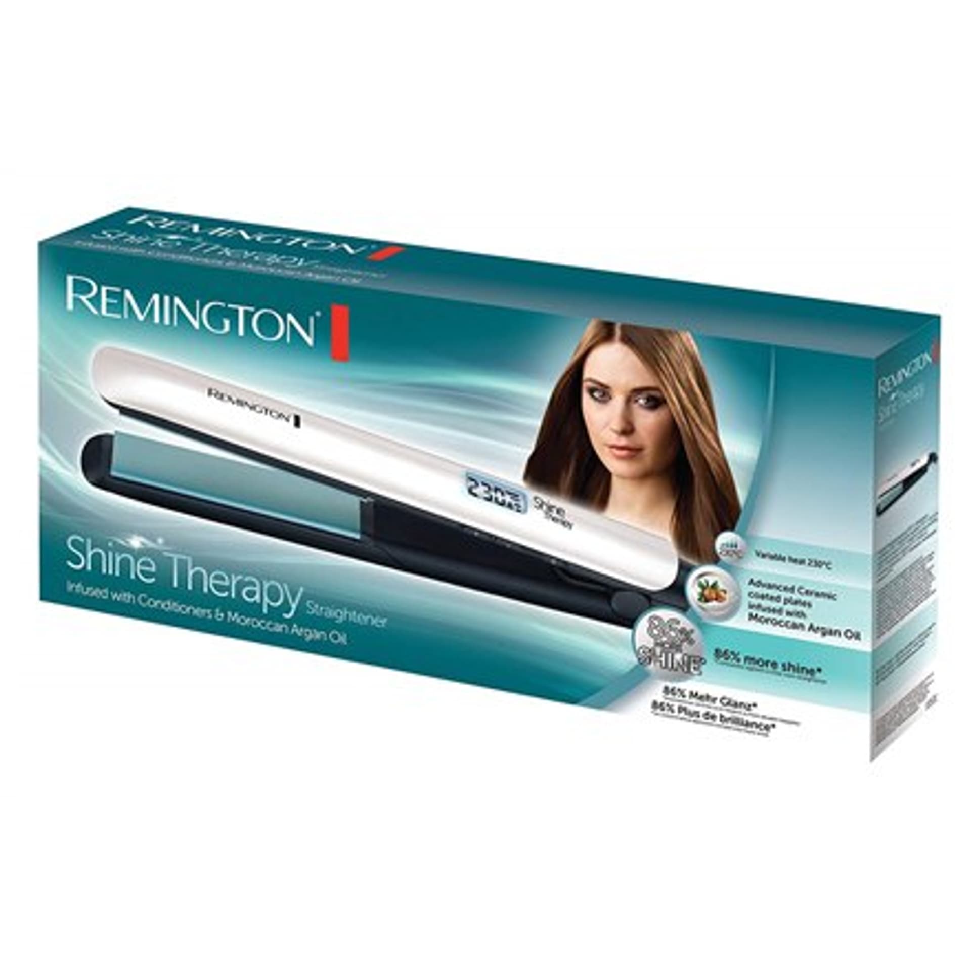 

Remington Prostownica do włosów S8500 Shine Therapy Ceramiczny system grzewczy, Wyświetlacz Tak, Temperatura (max) 230 °C, Ilość, Max) 230 °c/iloś