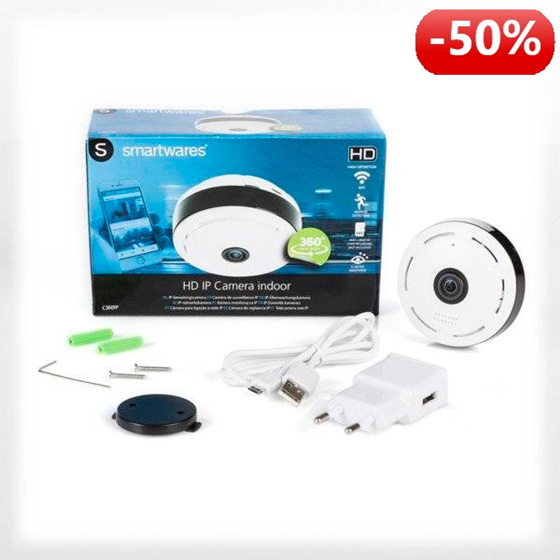 

Smartwares Kamera do wnętrz IP, 960P HD, kąt widzenia 360°, Wi-Fi, sterowana smartphonem, biała
