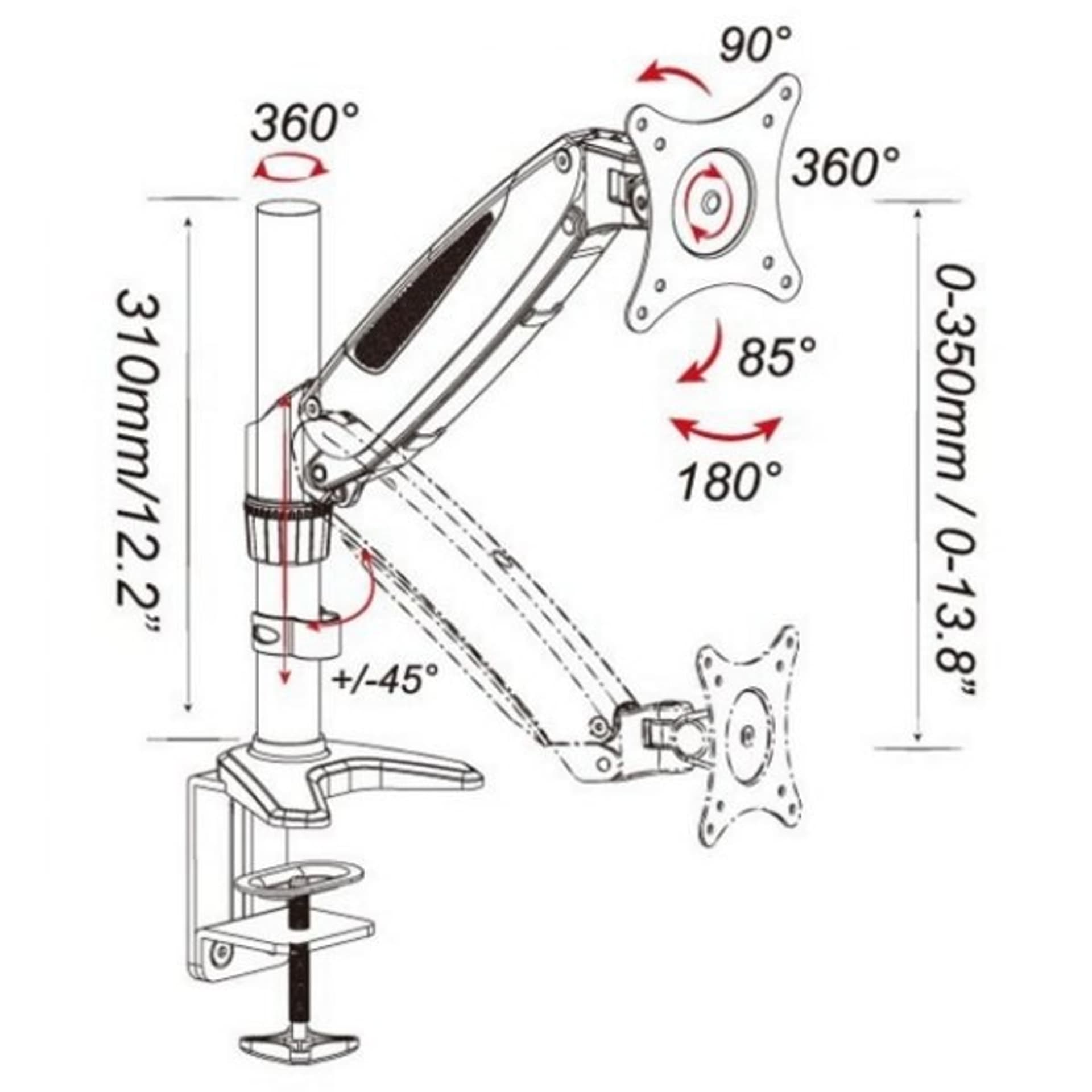 

Ramię biurkowe z amortyzatorem gazowym monitor 15-27cali, 8kg, srebrno-czarne