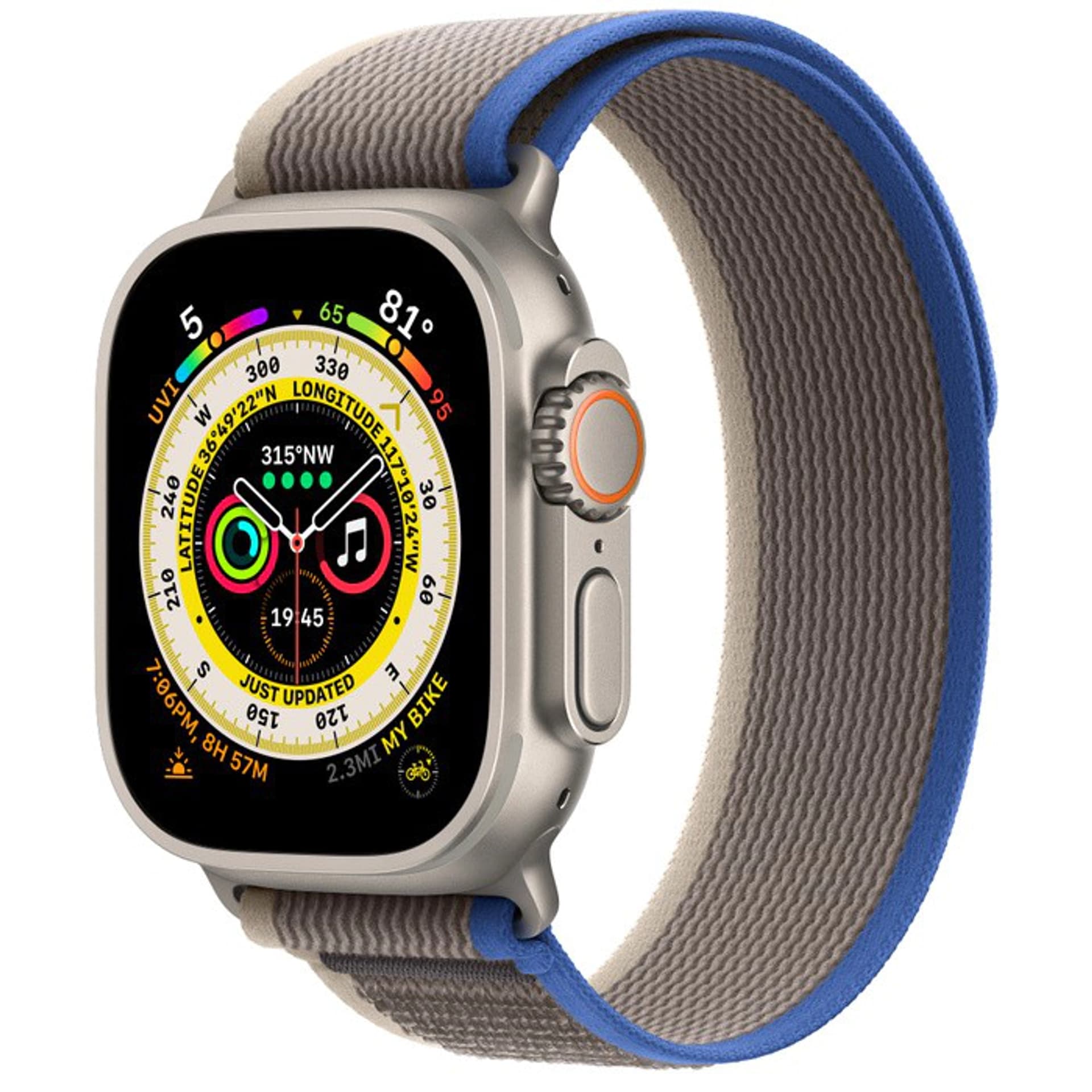 

Watch Ultra GPS + Cellular, 49 mm Koperta tytanowa z opaską Trail w kolorze niebieskim/szarym - S/M
