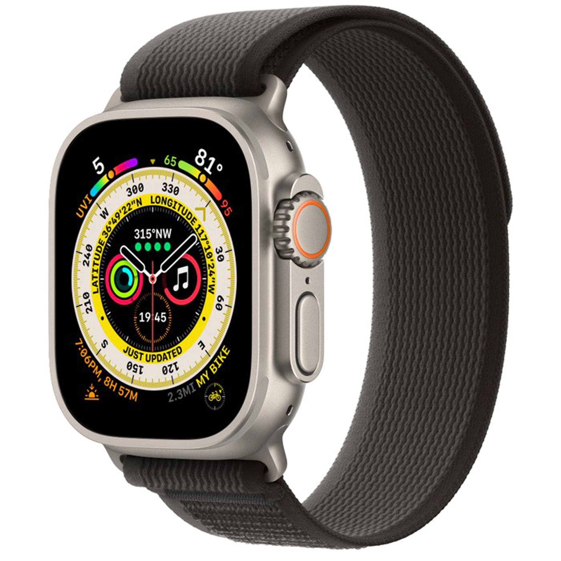 

Watch Ultra GPS + Cellular, 49 mm Koperta tytanowa z opaską Trail w kolorze czarnym/szarym - M/L APPLE iOS Szary