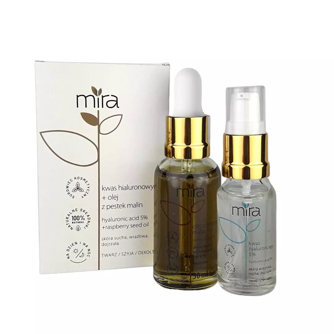 

Mira Zestaw Kwas Hialuronowy trójcząsteczkowy 5% 20ml + Olejek z Pestek Malin 30ml