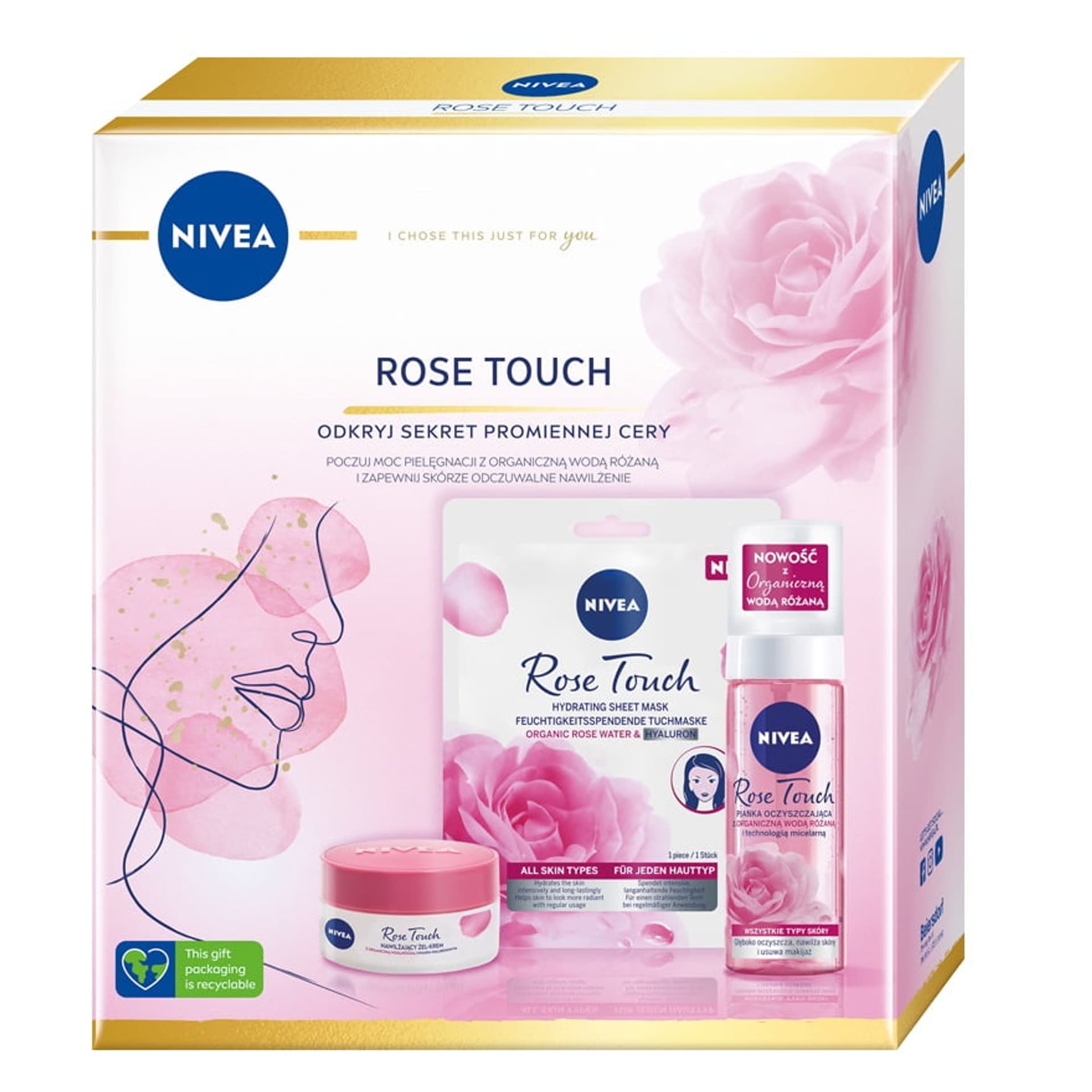 

NIVEA Rose Collection Touch zestaw nawilżający żel-krem z organiczną wodą różaną i kwasem hialuronowym 50ml + micelarny płyn dwufazowy z olejkiem 400ml + pielęgnująca pomadka do ust Soft Rose 4,8g