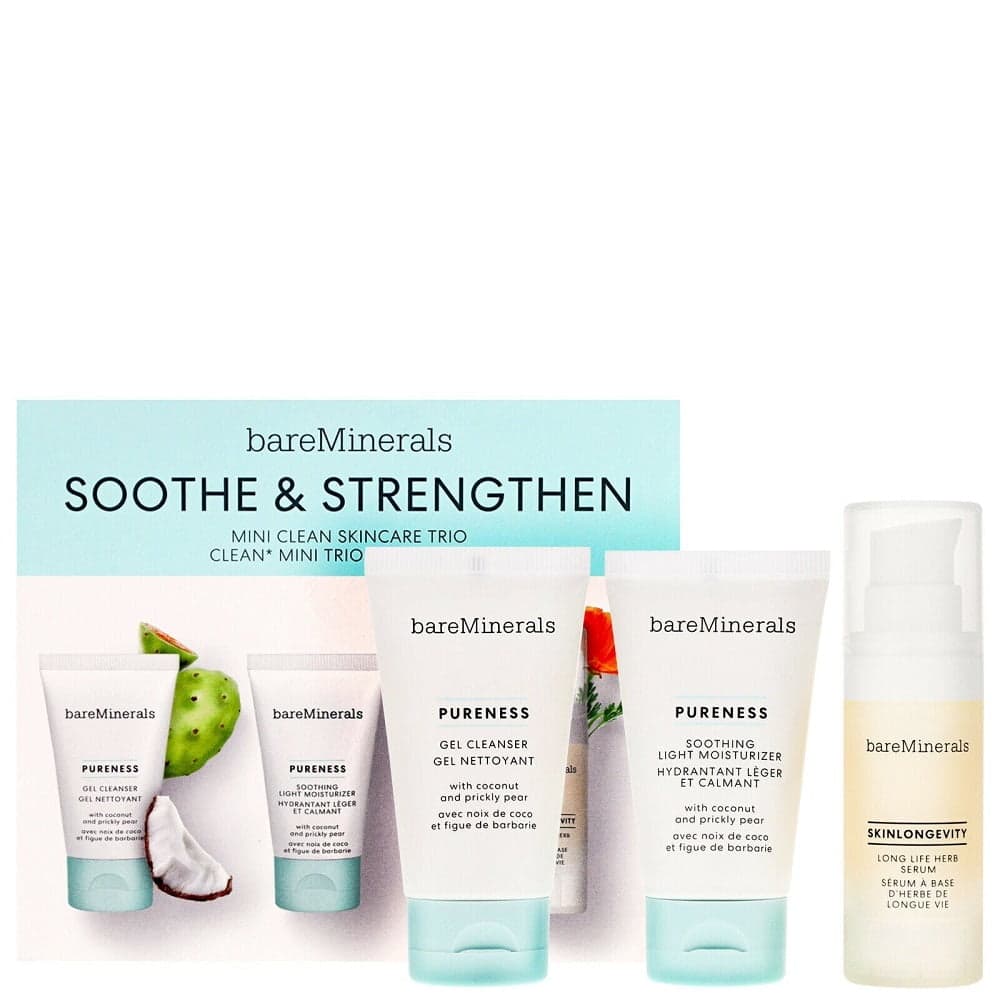 

bareMinerals Soothe Strengthen Mini Clean Skincare Trio zestaw żel do mycia twarzy 30ml + lekki krem nawilżający 30g + ziołowe serum do twarzy 15ml