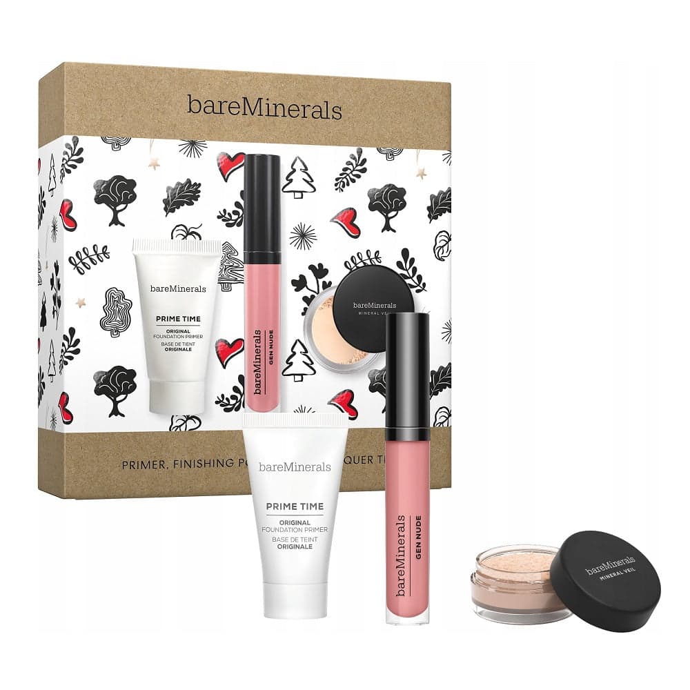 

bareMinerals Primer Finishing Powder Lip Lacquer Trio zestaw baza pod podkład 15ml + błyszczyk do ust 3.7ml + mineralny puder utrwalający 0.75g