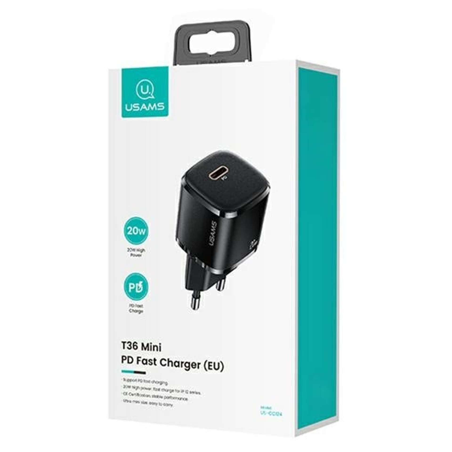 

USAMS Ład. siec. 1xUSB-C T36 mini 20W + kabel USB-C-Lightning czarny/black PD3.0 Fast Charging XFKXLOGTL01 (US-CC124+US-SJ484)