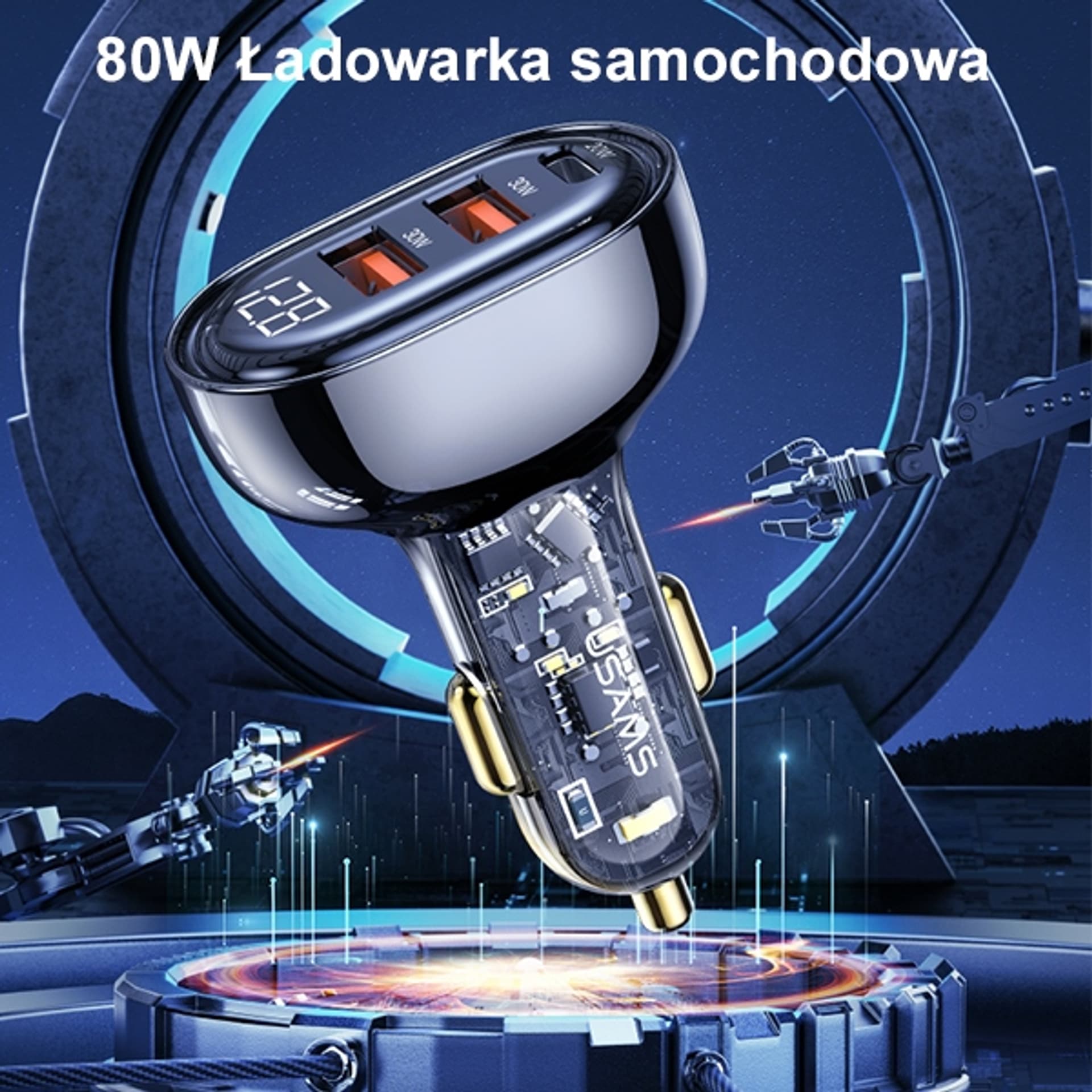 

USAMS Ład. sam. 2xUSB+1xUSB-C 80W Fast Charge czarny/black CC159CC01 (US-CC159)