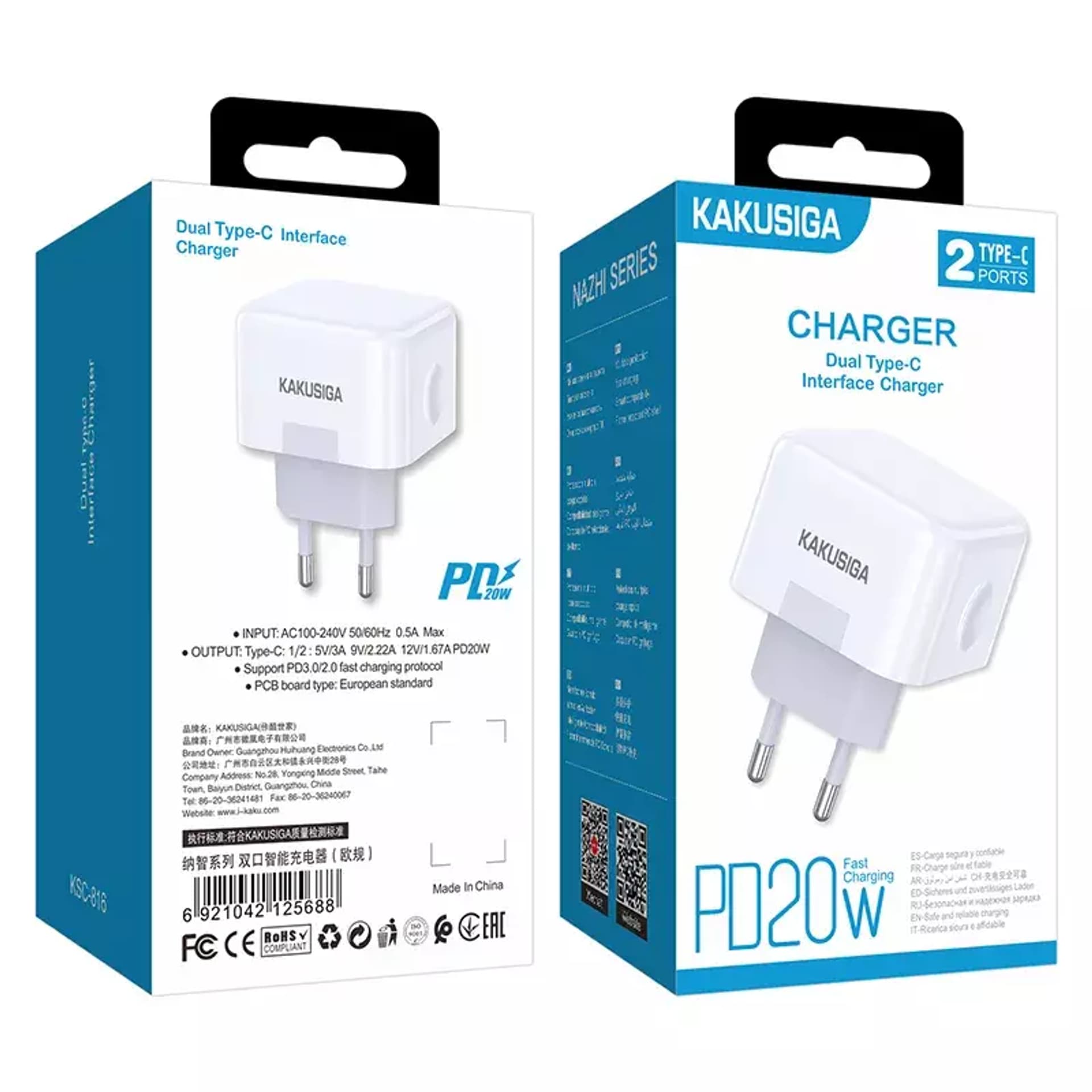 

Ładowarka Sieciowa 20W 3A 2xPD3.0 USB-C KAKUSIGA Dual Port Smart Charger KSC-816 biała