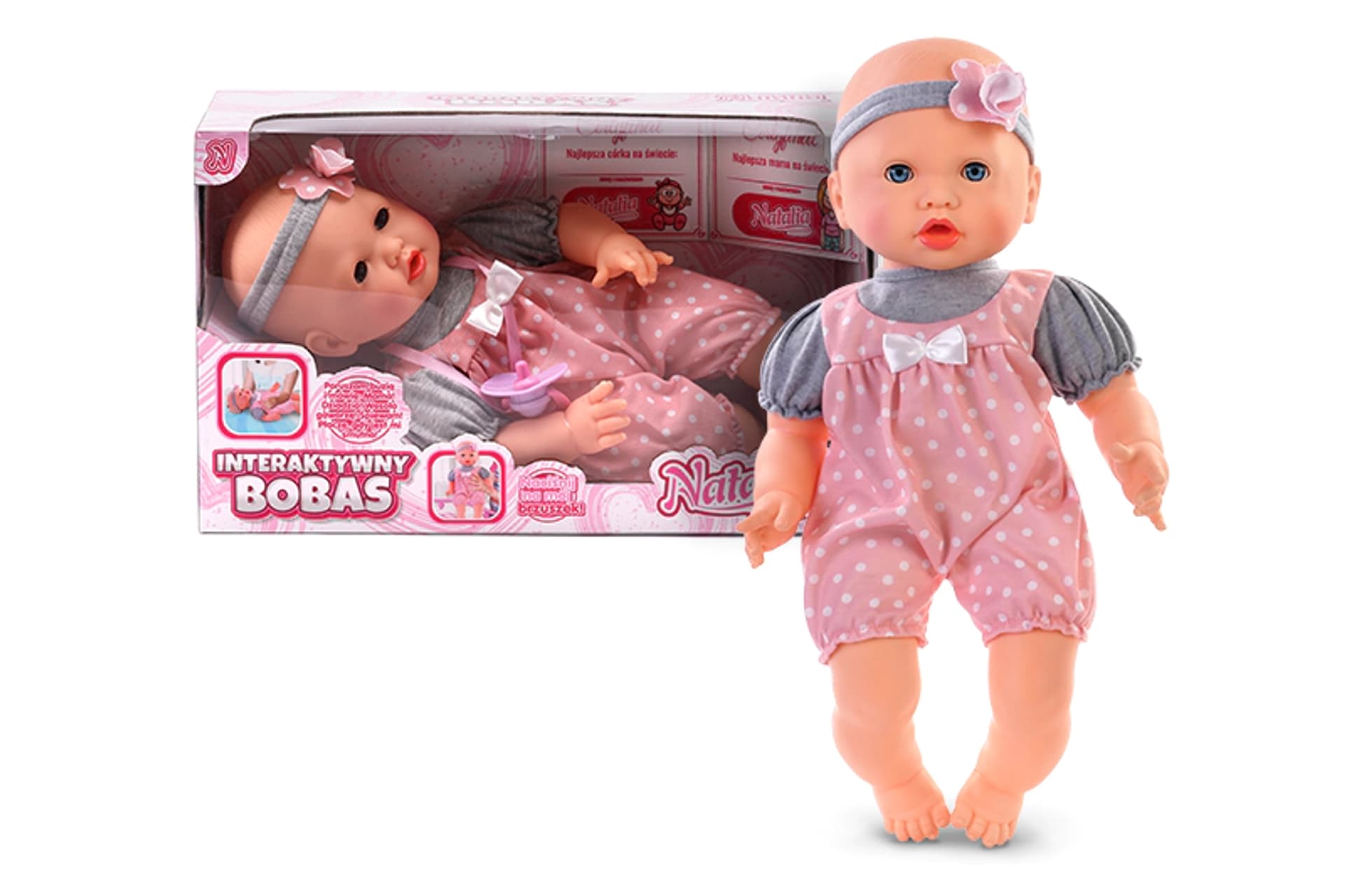 

Lalka Natalia bobas mimiczny ze smoczkiem