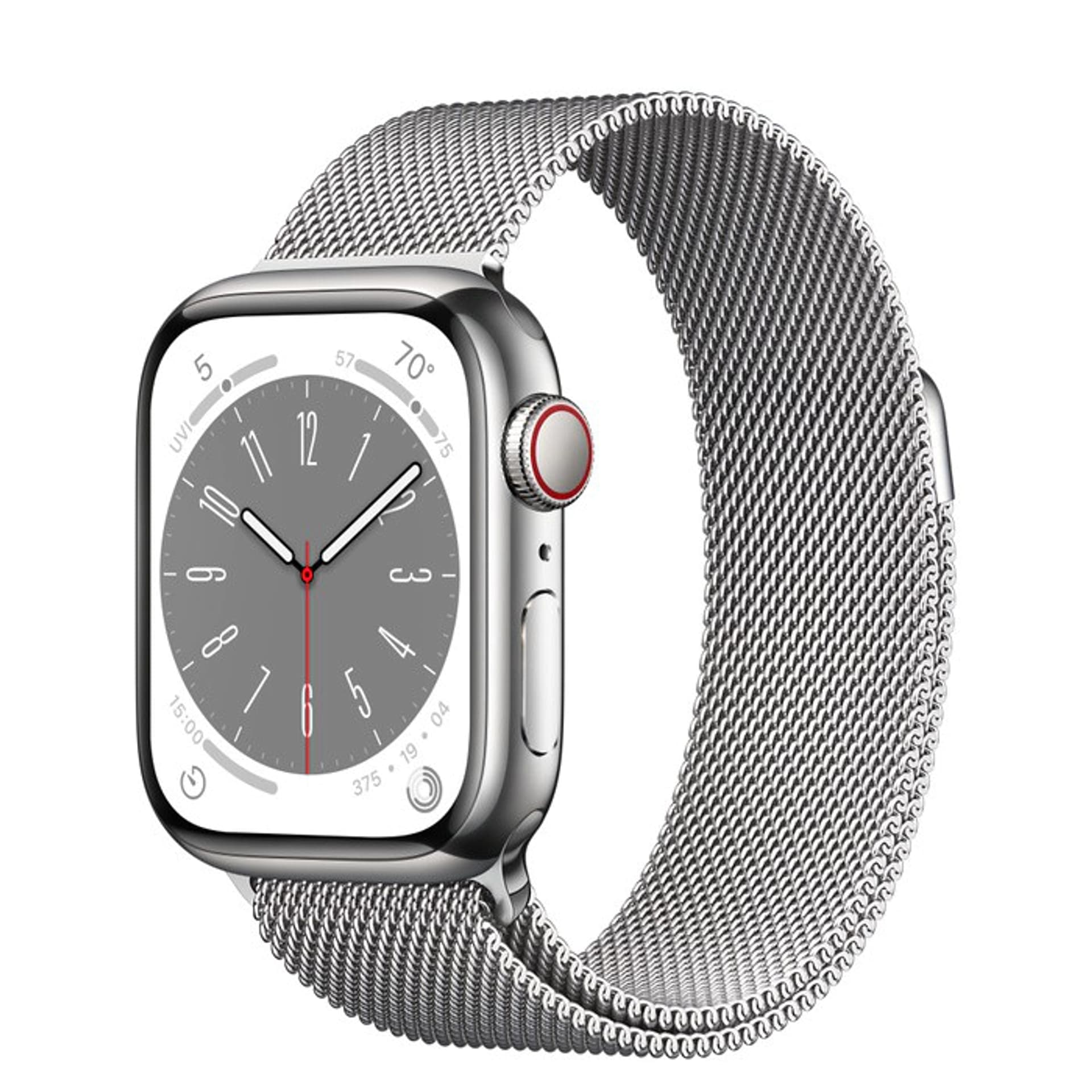 

Watch Series 8 GPS + Cellular, 41 mm Koperta ze stali nierdzewnej w kolorze srebrnym z bransoletą mediolańską w kolorze srebrnym