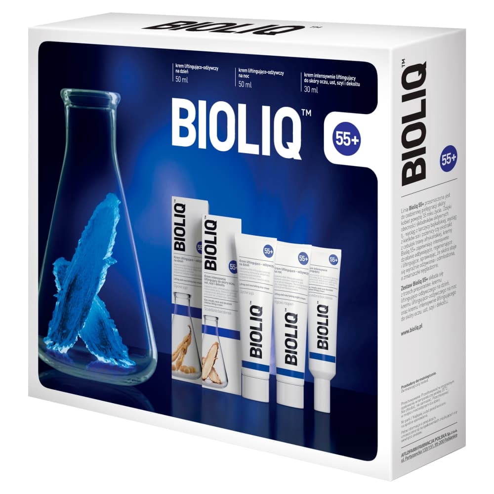

BIOLIQ 55+ zestaw krem intensywnie liftingujący do skóry oczu ust szyi i dekoltu 30ml + krem na dzień 50ml + krem na noc 50ml