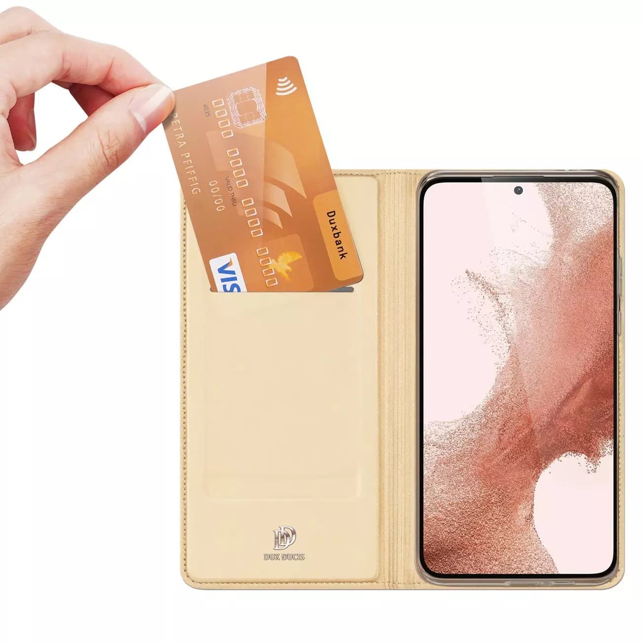 

Etui na telefon Dux Ducis Skin Pro do Samsung Galaxy S23 pokrowiec z klapką portfel na kartę podstawka złote