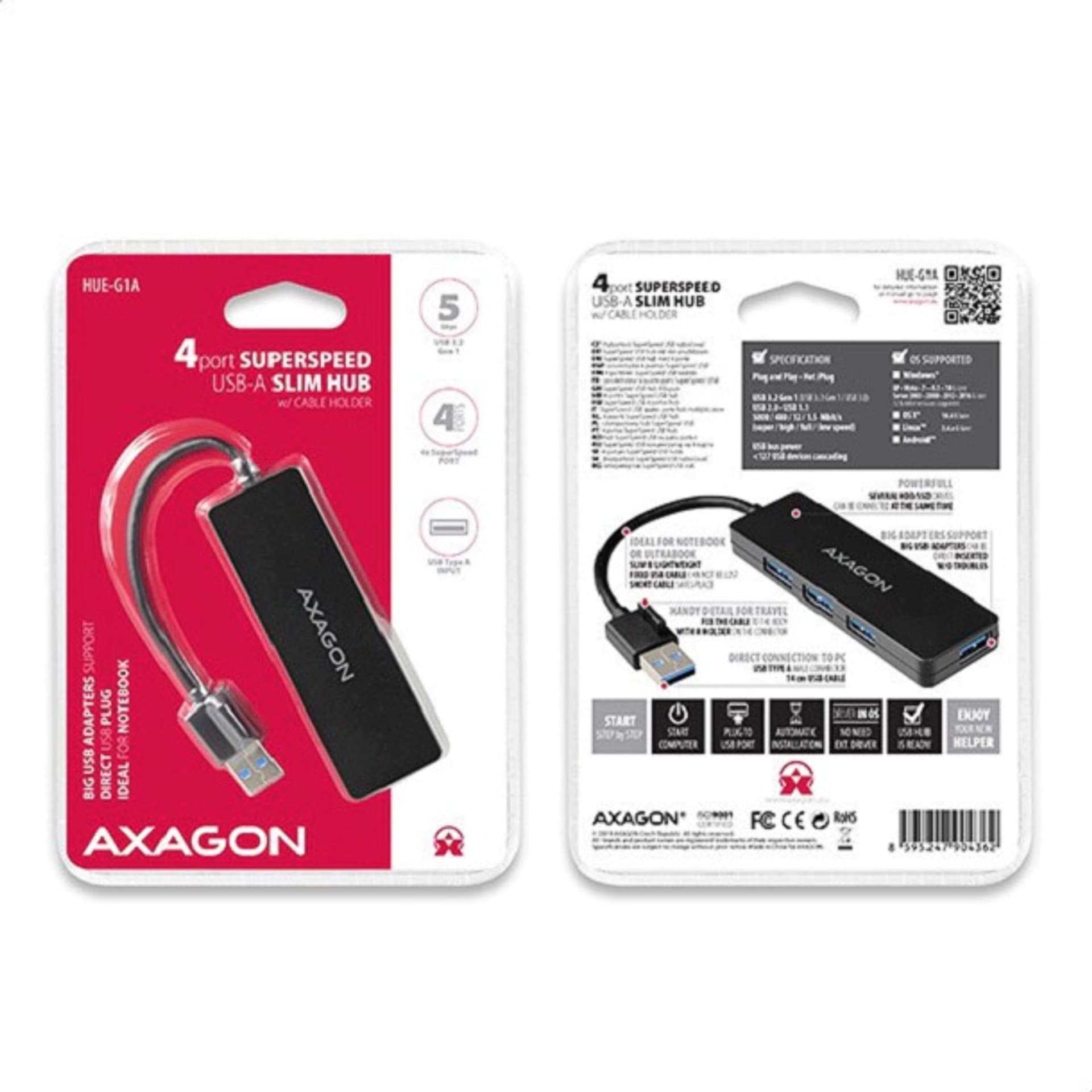 

Hub 4-portowy HUE-G1A, USB 3.2 Gen 1 SLIM, kabel Type-A 14cm