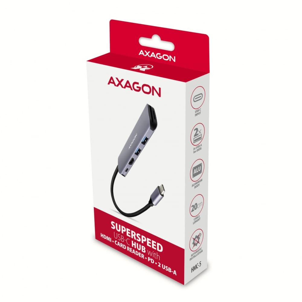 

Wieloportowy hub HMC-5 2x USB-A, HDMI, SD/microSD, USB 3.2 Gen 1, PD 100W, 20cm USB-C kabel