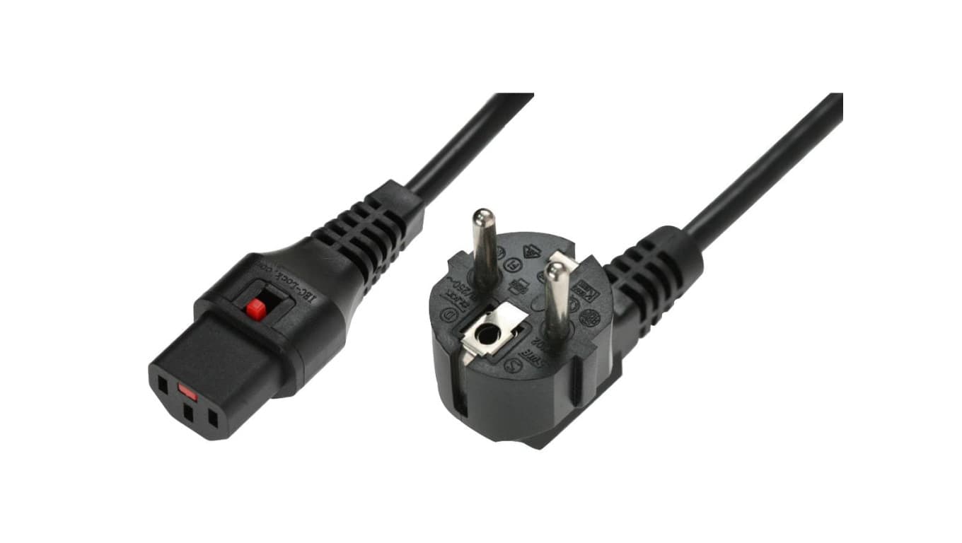 

Kabel połączeniowy zasilający z blokadą IEC LOCK Schuko kątowy/C13 prosty M/Ż 3m czarny IEC-EL234S