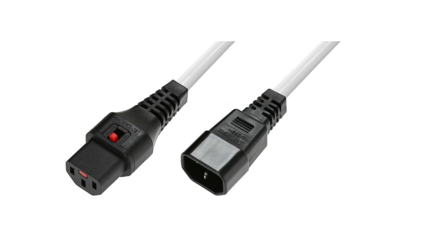 

Kabel przedłużający zasilający z blokadą IEC LOCK 3x1mm2 C14/C13 prosty M/Ż 3m biały IEC-PC1076