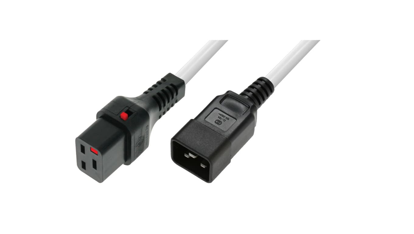 

Kabel zasilający serwerowy z blokadą IEC LOCK 3x1,5mm2 C20 prosty/C19 prosty M/Ż 2m biały IEC-PC1299