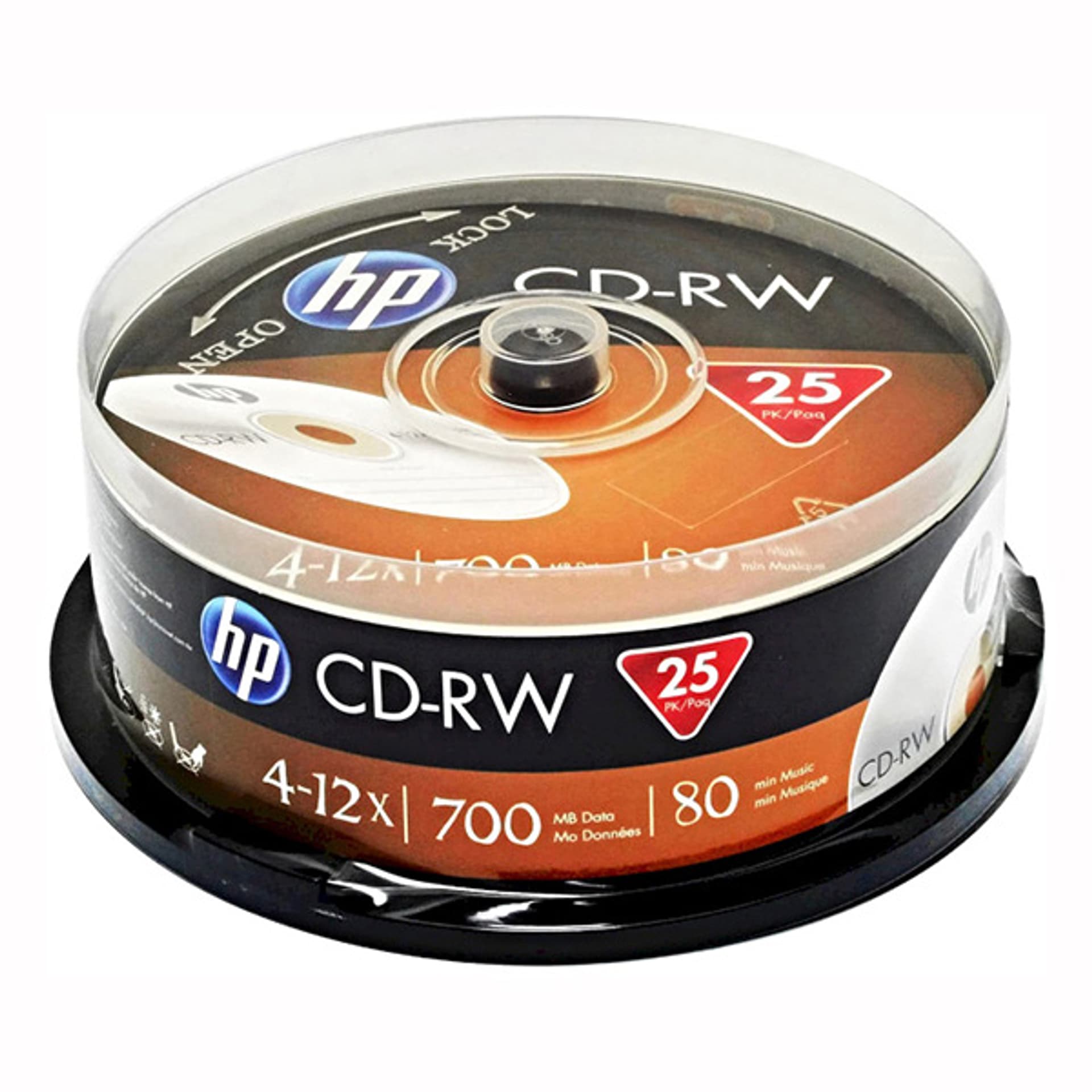 

HP CD-RW, CWE00019-3, 69313, 25-pack, 700MB, 4-12x, 80min., 12cm, bez możliwości nadruku, cake box, do archiwizacji danych