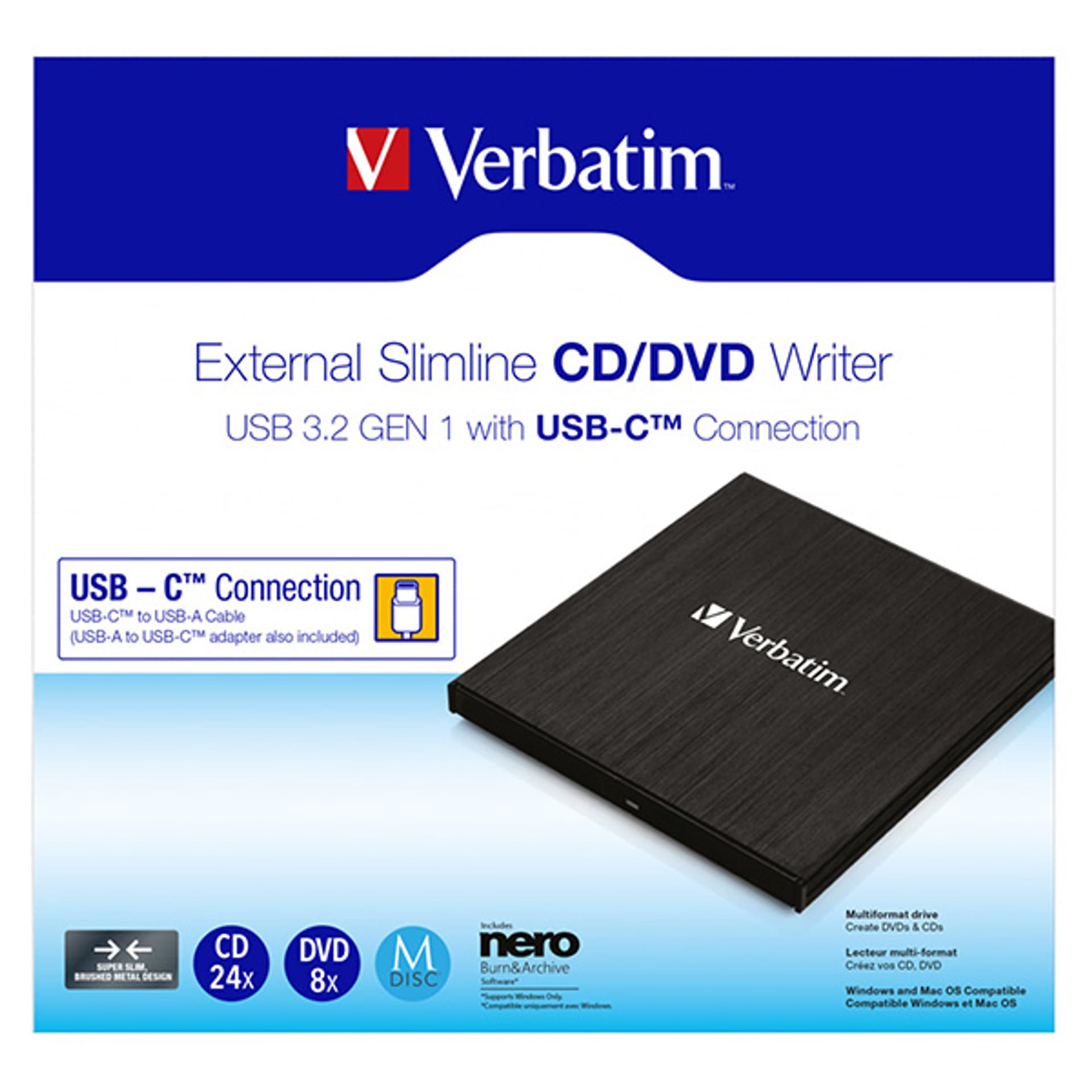 

Verbatim 43886, externí CD/DVD mechanika a vypalovačka Slimline, szybkość CD(24x) DVD (8x),USB 3.2 GEN1 i USB-C