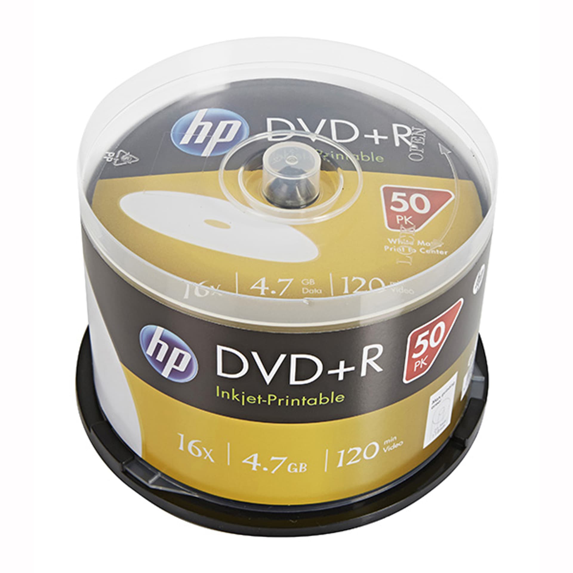 

HP DVD+R, Inkjet Printable, DRE00026WIP-3, 4.7GB, 16x, spindle, 50-pack, 12cm, do archiwizacji danych