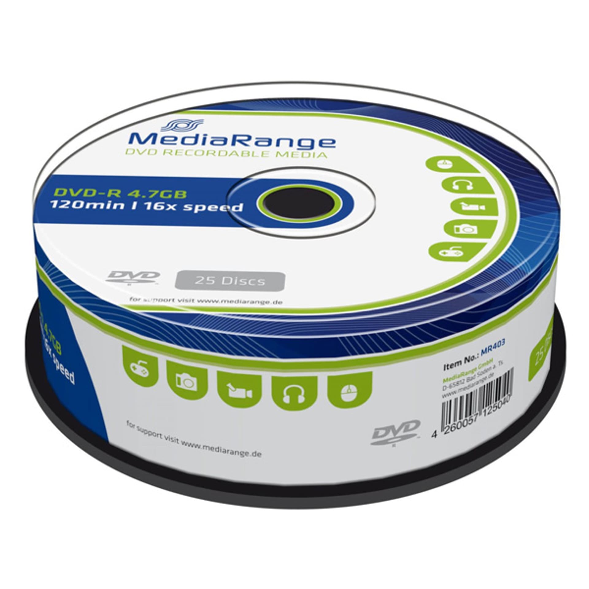 

Mediarange DVD-R, MR403, 4.7GB, 16x, cake box, 25-pack, bez możliwości nadruku, 12cm, Standard, do archiwizacji danych