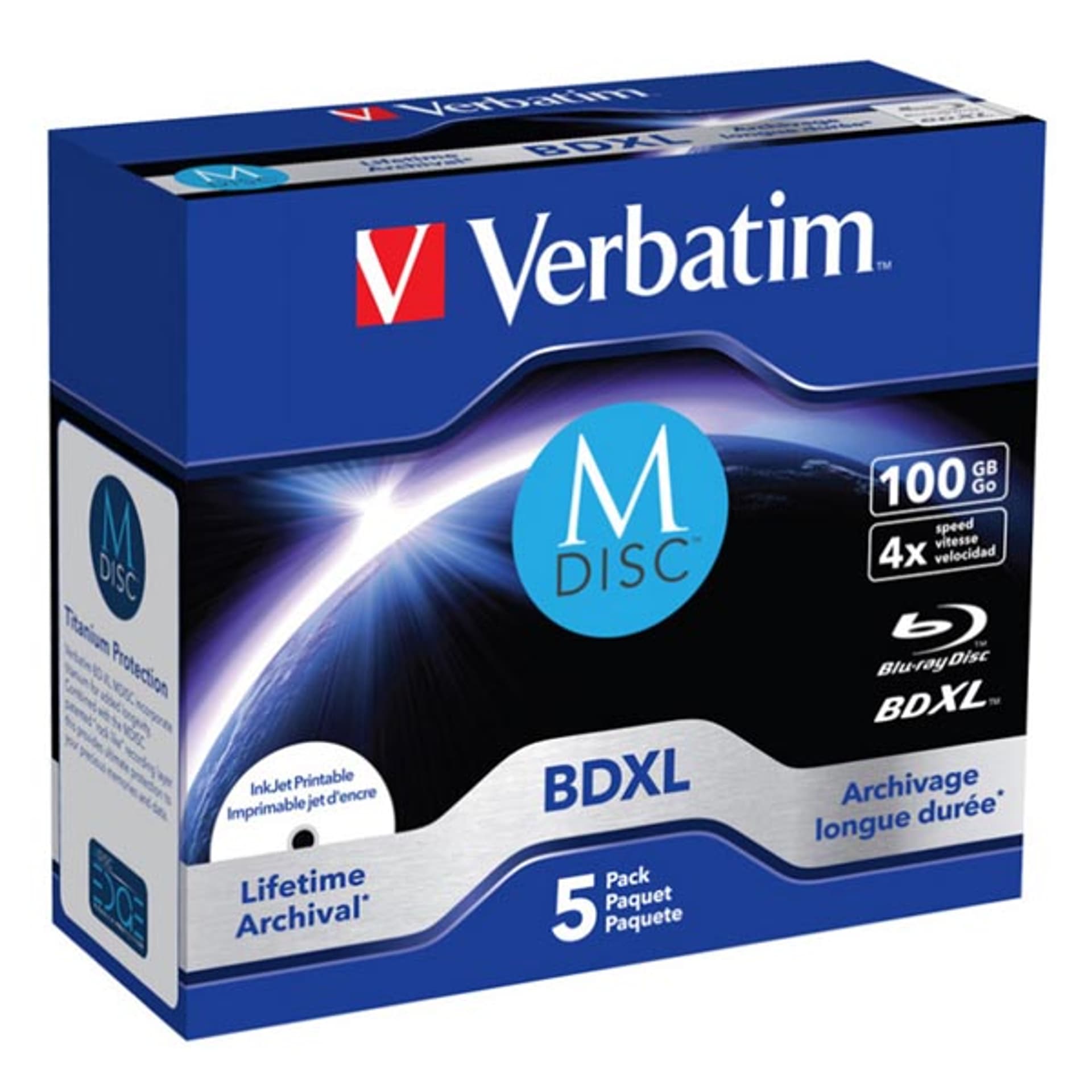 

Verbatim MDISC, Lifetime archival BDXL, 100GB, jewel box, 43834, 4x, 5-pack