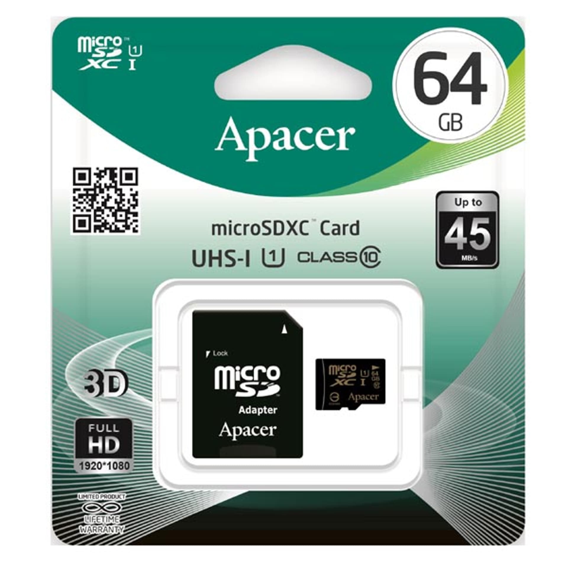 

Apacer Karta pamięci Secure Digital Card U1, 64GB, micro SDXC, AP64GMCSX10U1-R, UHS-I U1 (Class 10), z adapterm, Class 10)/z adapter