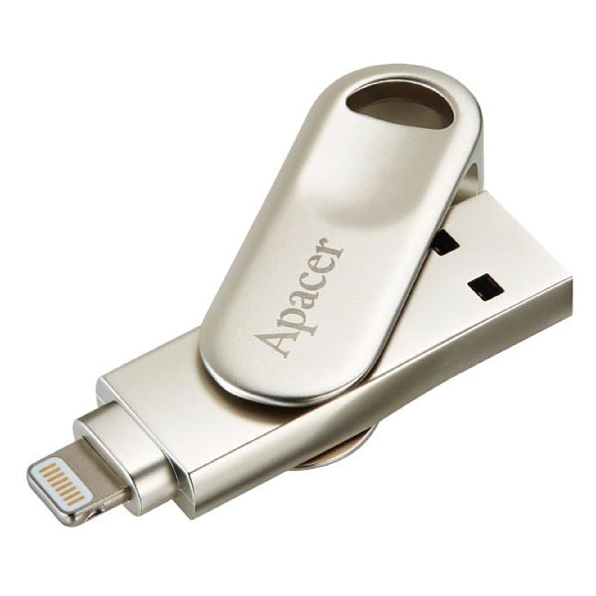 

Apacer USB flash disk OTG, USB 3.0, 32GB, AH790, srebrny, AP32GAH790S-1, USB A / Lightning, z obrotową osłoną