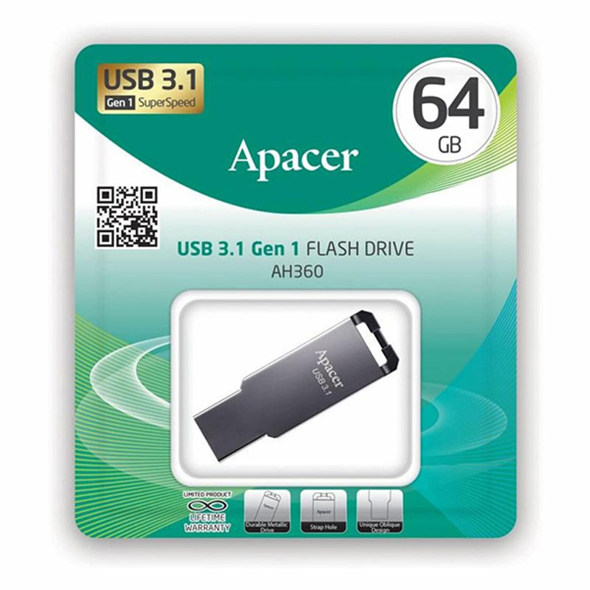 

Apacer USB flash disk, USB 3.0, 64GB, AH360, srebrny, AP64GAH360A-1, z oczkiem na brelok