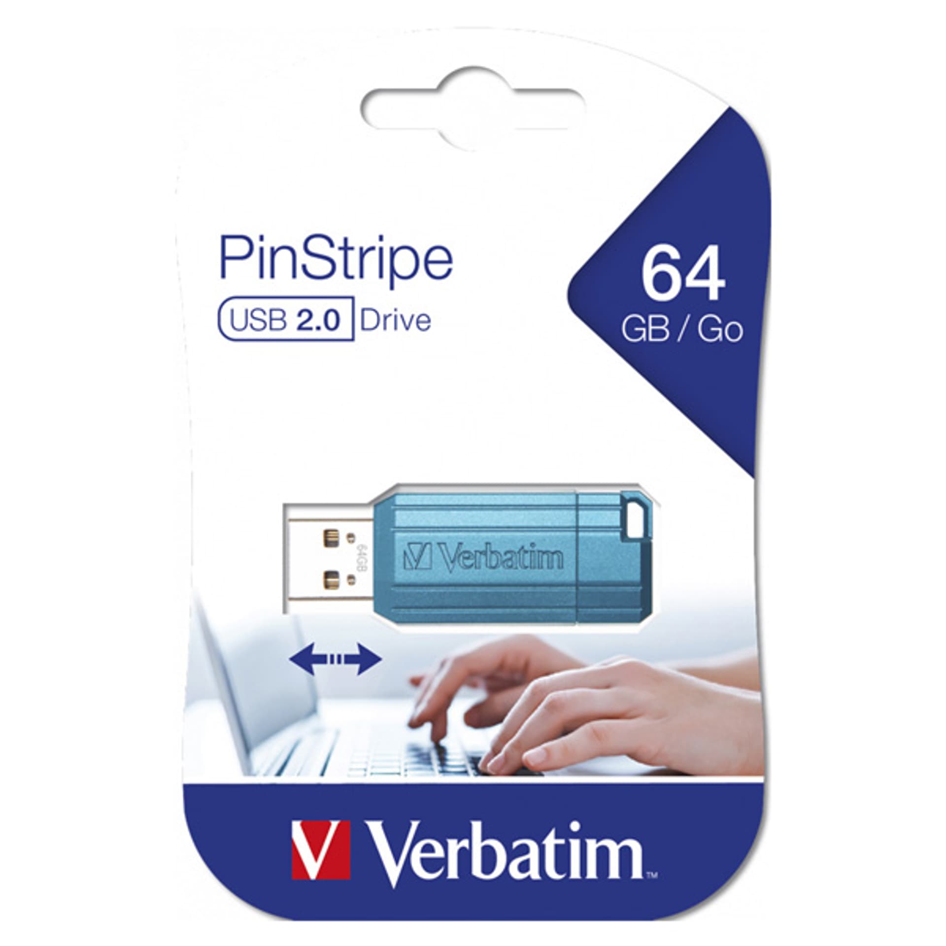 

Verbatim USB flash disk, USB 2.0, 64GB, PinStripe, Store N Go, niebieski, 49961, USB A, z wysuwanym złączem