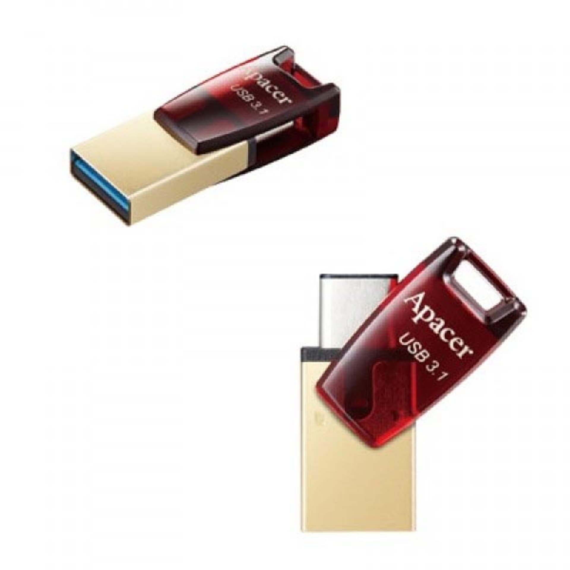 

Apacer USB flash disk OTG, USB 3.0, 64GB, AH180, czerwony, AP64GAH180R-1, USB A / USB C, z obrotową osłoną